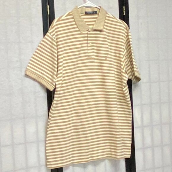 Nautica Short Sleeve Horizonal Stripe Striped Bands 2 Button Polo Shirt Gold L - Picture 3 of 11
